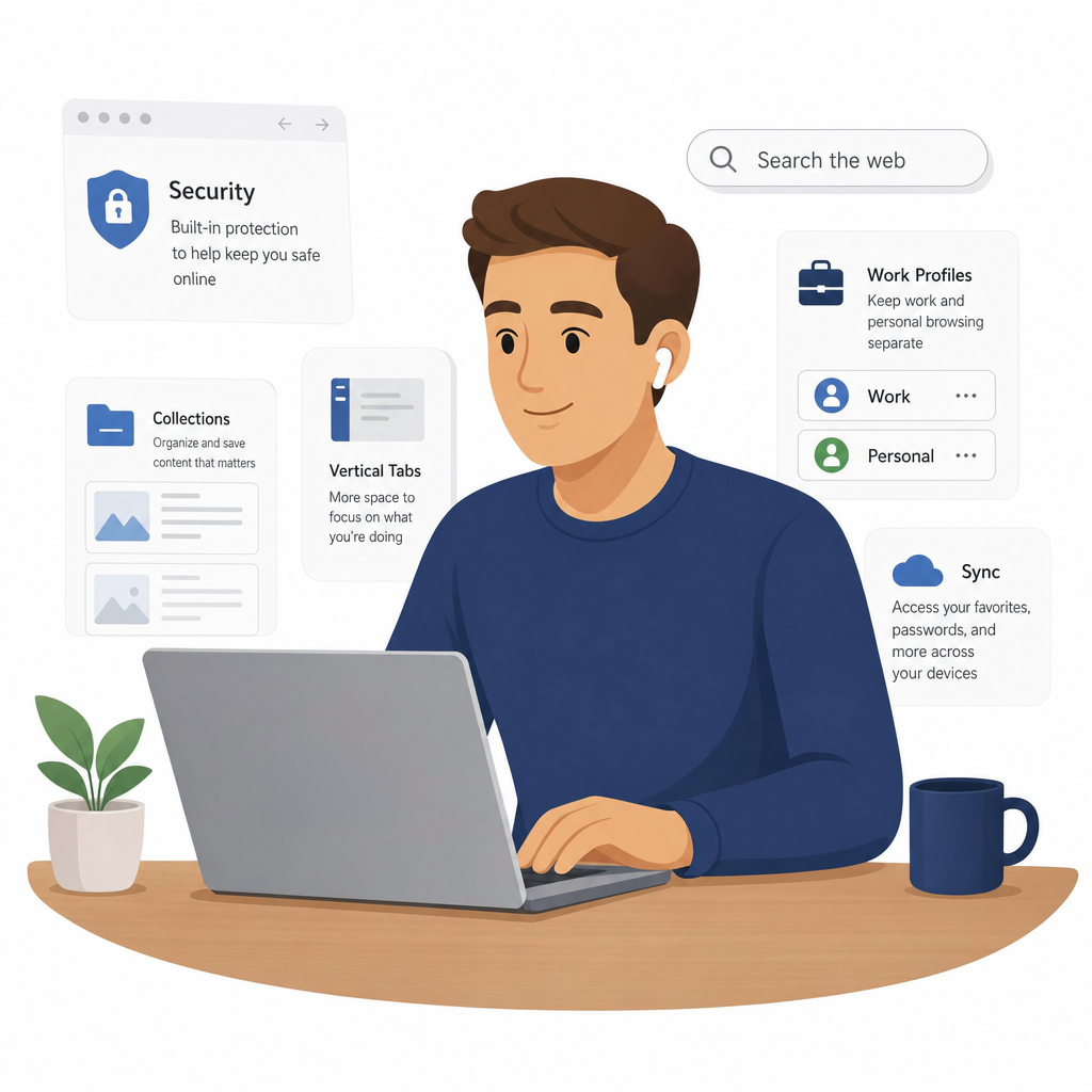 Illustration of a person working in Microsoft Edge for Business